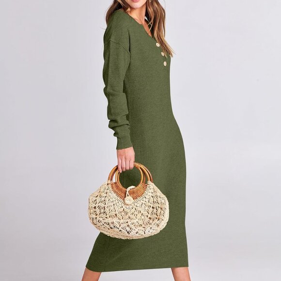 Women Long Sleeve Button V Neck Casual Loose Fit Waffle Knit Dress Green - Picture 4 of 8